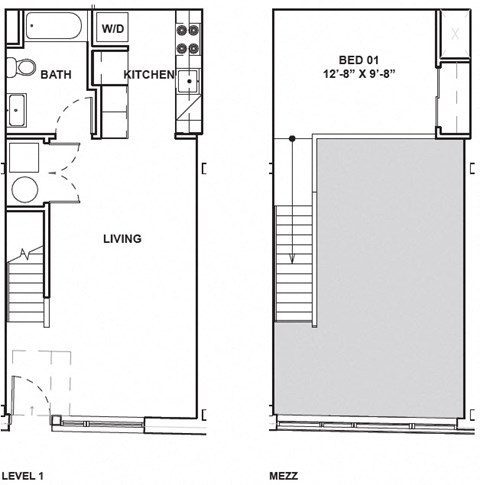 Floor plan for 1 bed, 1 bath, 634 sqft